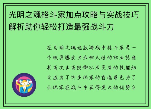 光明之魂格斗家加点攻略与实战技巧解析助你轻松打造最强战斗力